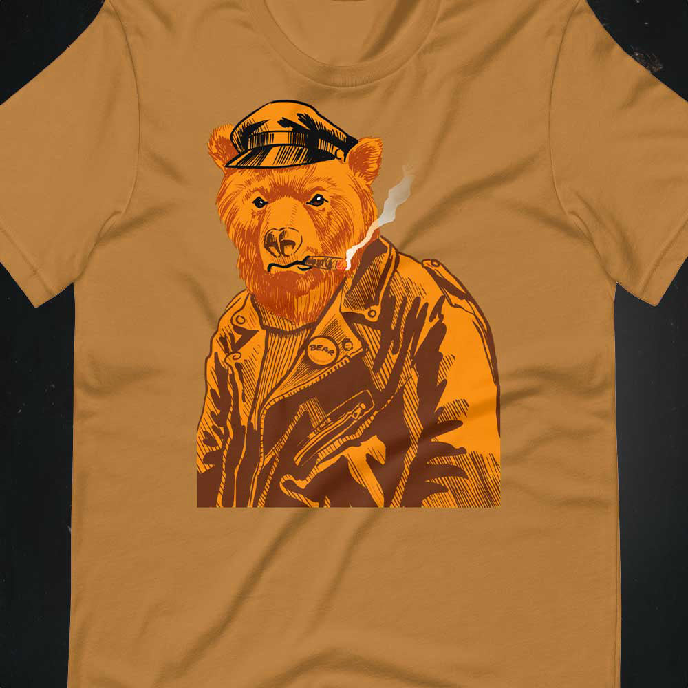 Toast brown T-shirt with a vintage-style graphic of a leather-clad bear - Vintage Leather Bear Pride T-Shirt – Retro Gay Bear Flag Tee – LGBTQ+ pride t-shirts US UK – Gay pride shirts collection – Made-to-order gay apparel
