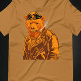 Toast brown T-shirt with a vintage-style graphic of a leather-clad bear - Vintage Leather Bear Pride T-Shirt – Retro Gay Bear Flag Tee – LGBTQ+ pride t-shirts US UK – Gay pride shirts collection – Made-to-order gay apparel