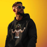 Gay man wearing Black Hoodie featuring a Gay Jesus, muscled with six pack abs looking toward heaven, perfect for Easter with the family - Black Ripped Saviour gay religious hoodie - LGBTQ+ pride apparel by BackRoomGear