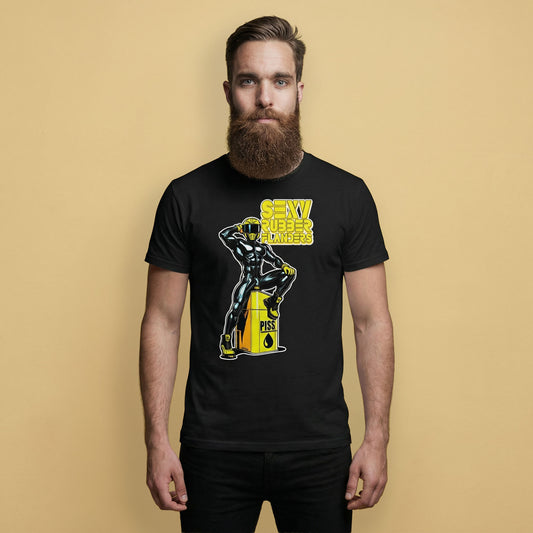 gay Man wearing a black t-shirt with a man in rubber with yellow helmet and shoes sitting on top of a square barrel of piss graphic design on a beige background - Black and yellow Sexy Rubber Flanders t-shirt - kinky latex rubber kink tee by BackRoomGear