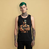 gay man wearing a black tank top with a graphic design of a muscular alpha on a beige background - leather daddy pride wear for US gay dom community