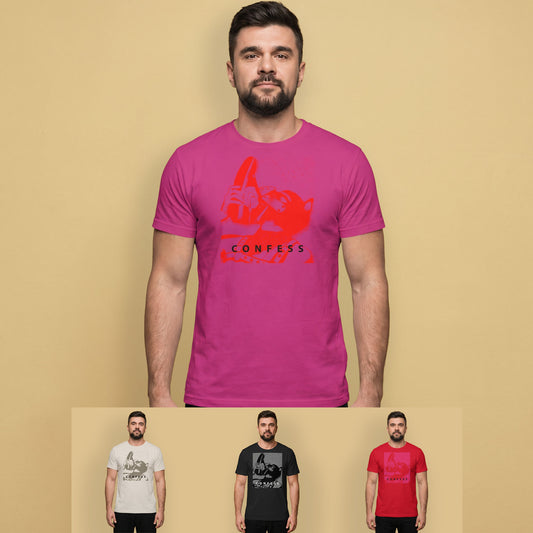 Man wearing a berry pink t-shirt with a Sneaker Pup graphic design and 'CONFESS' text, 3 other colour ways are featured near the bottom.