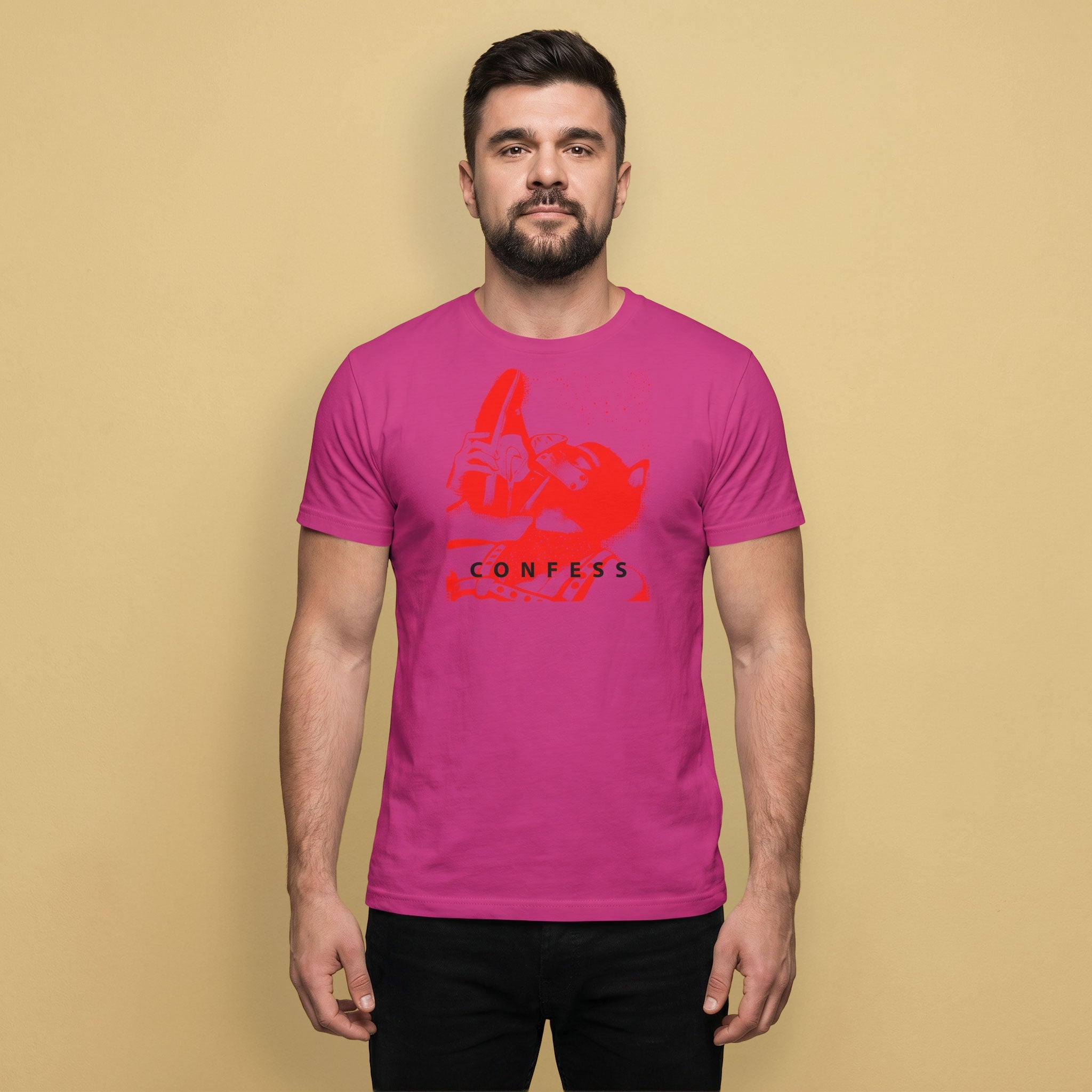 A gay man wearing a berry pink t-shirt with a Sneaker Pup graphic design and 'CONFESS' text
