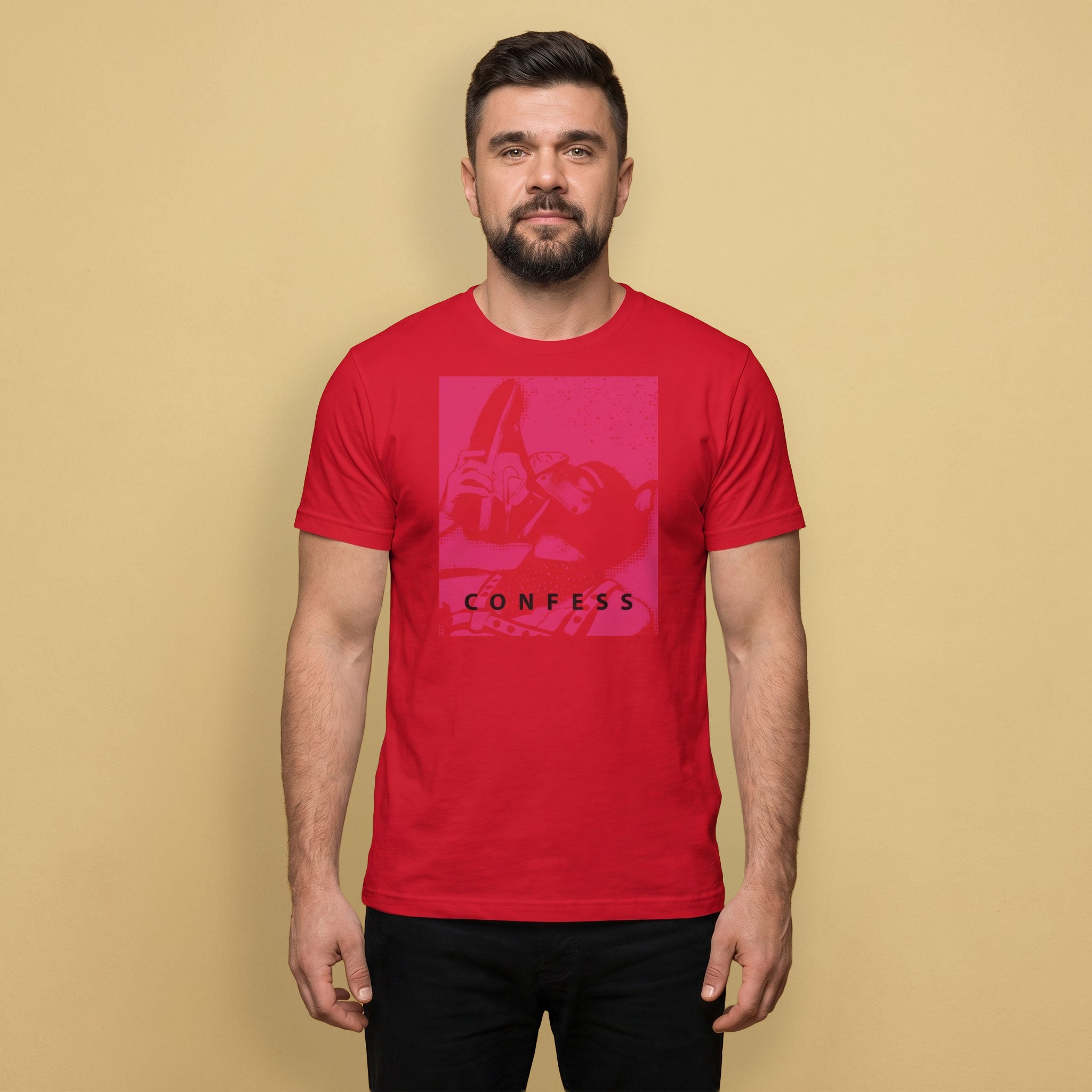 A gay man wearing a red t-shirt with a Sneaker Pup graphic design and 'CONFESS' text