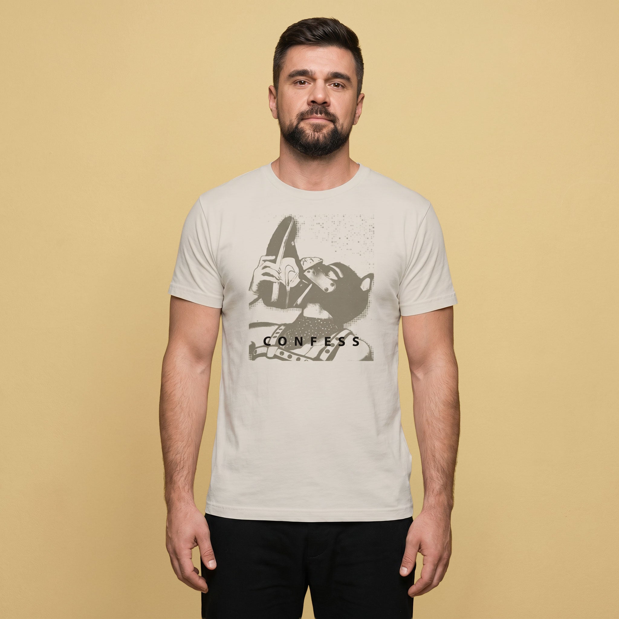A gay man wearing a vintage white t-shirt with a Sneaker Pup graphic design and 'CONFESS' text