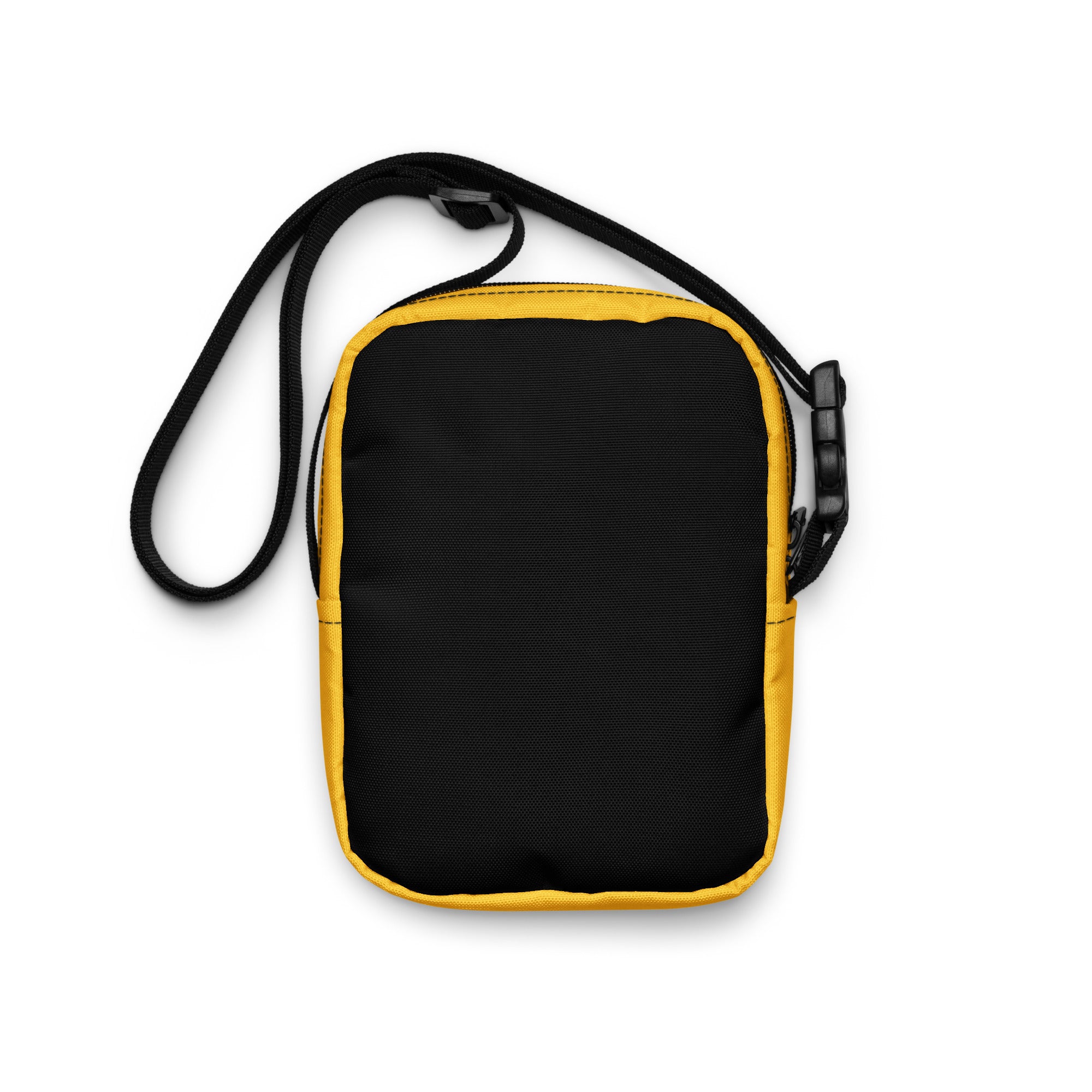 A black and yellow crossbody bag with a watersports hydrant design, featuring multiple pockets and an adjustable shoulder strap. Hydrant Party Essentials crossbody bag - gay pup circuit party bag by BackRoom Gear