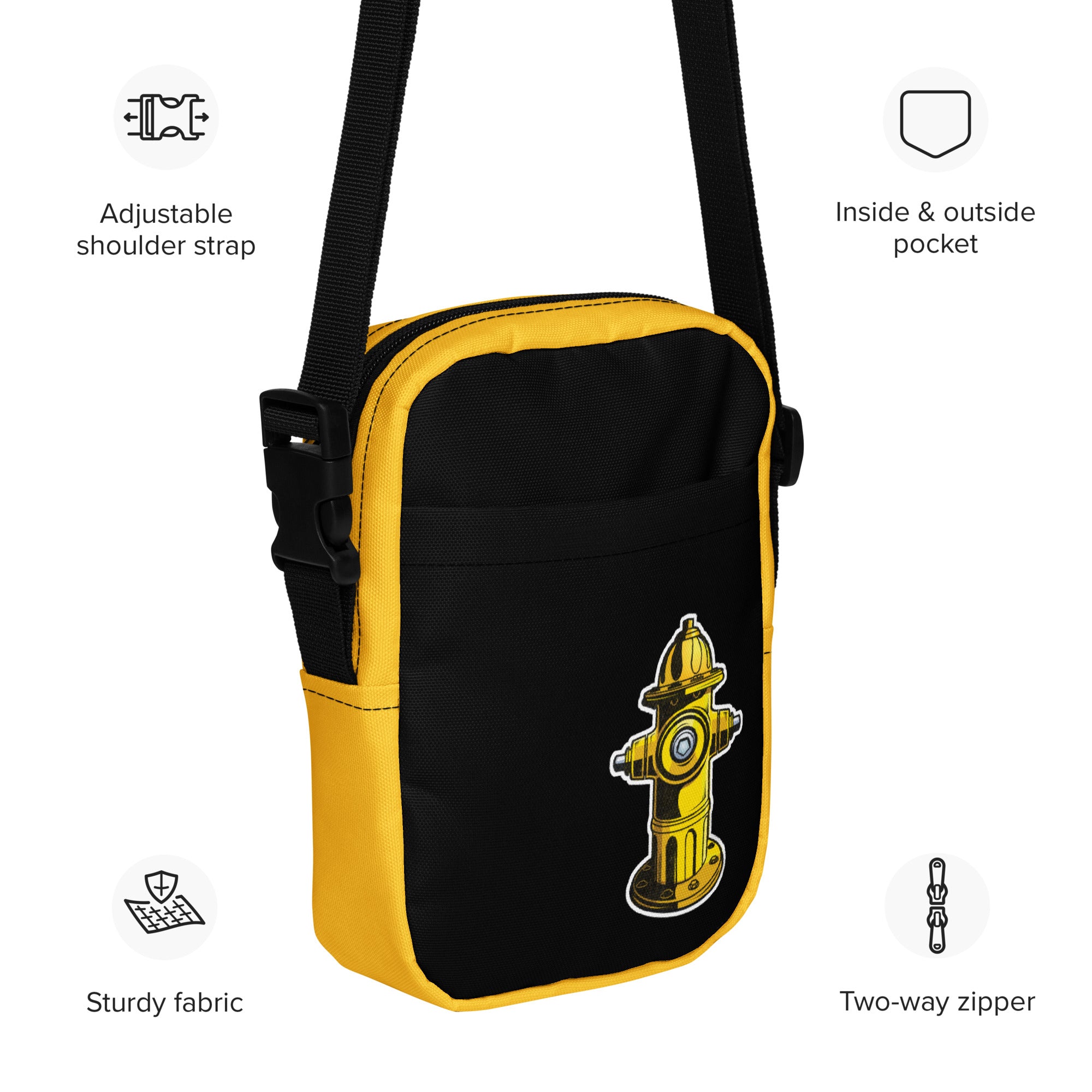 A black and yellow crossbody bag with a watersports hydrant design, featuring multiple pockets and an adjustable shoulder strap. Hydrant Party Essentials crossbody bag - gay pup circuit party bag by BackRoom Gear