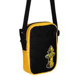 A black and yellow crossbody bag with a watersports hydrant design, featuring multiple pockets and an adjustable shoulder strap. Hydrant Party Essentials crossbody bag - gay pup circuit party bag by BackRoom Gear
