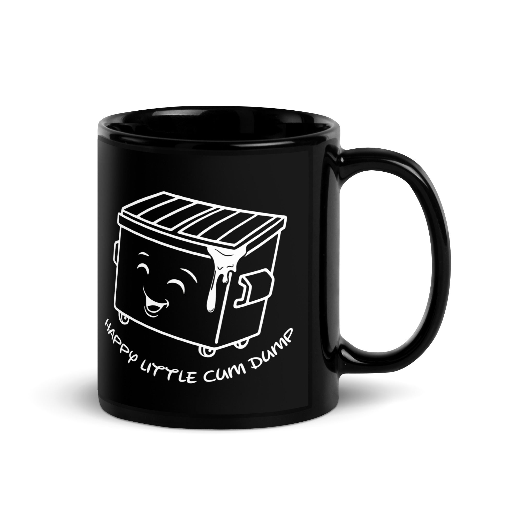 Happy Little Cum Dump black glossy ceramic mug with cartoon dumpster graphic - Backroom Gear