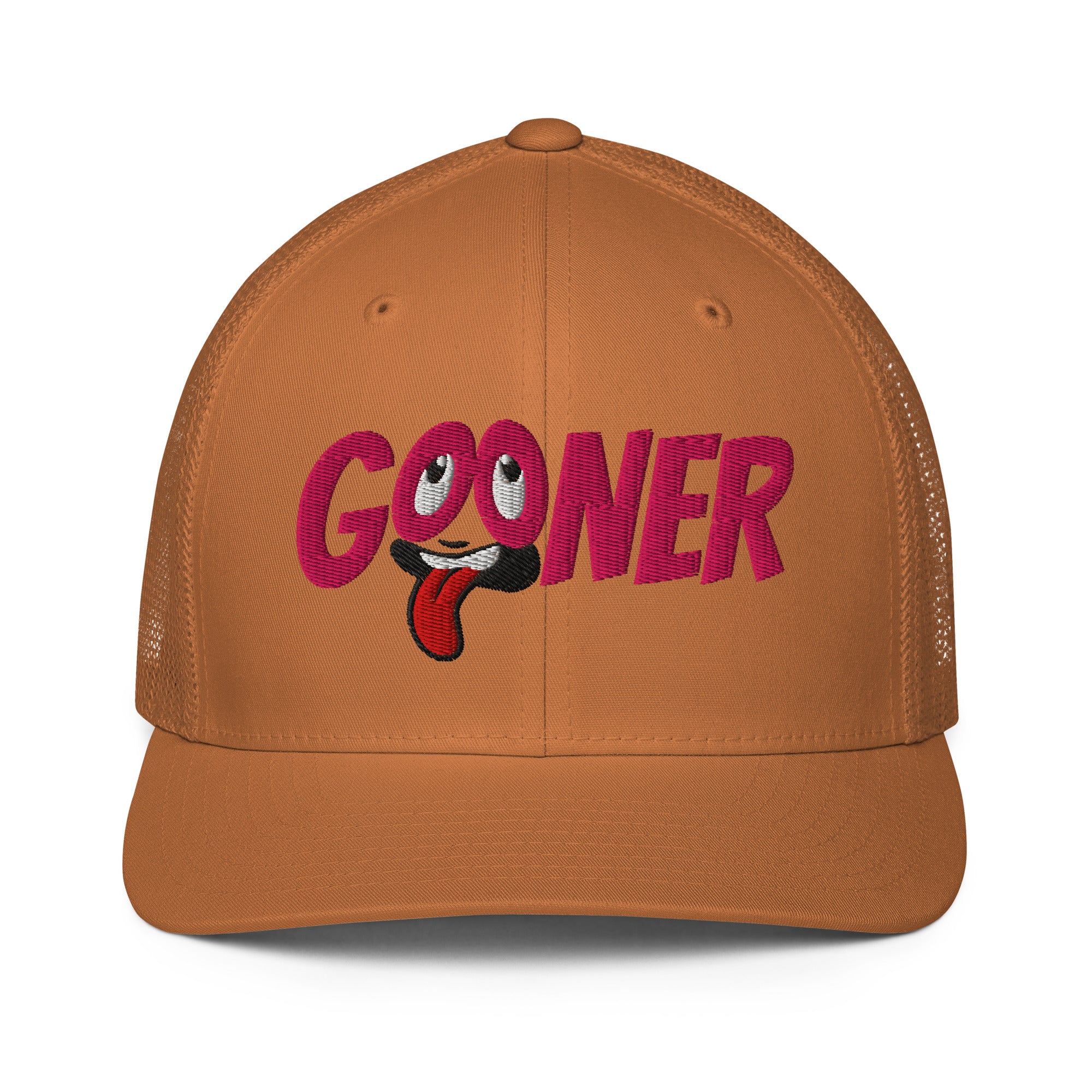 Caramel brown cap with 'GOONER' text, rolled eyes and hanging tongue - Backroom Gear