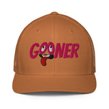 Caramel brown cap with 'GOONER' text, rolled eyes and hanging tongue - Backroom Gear