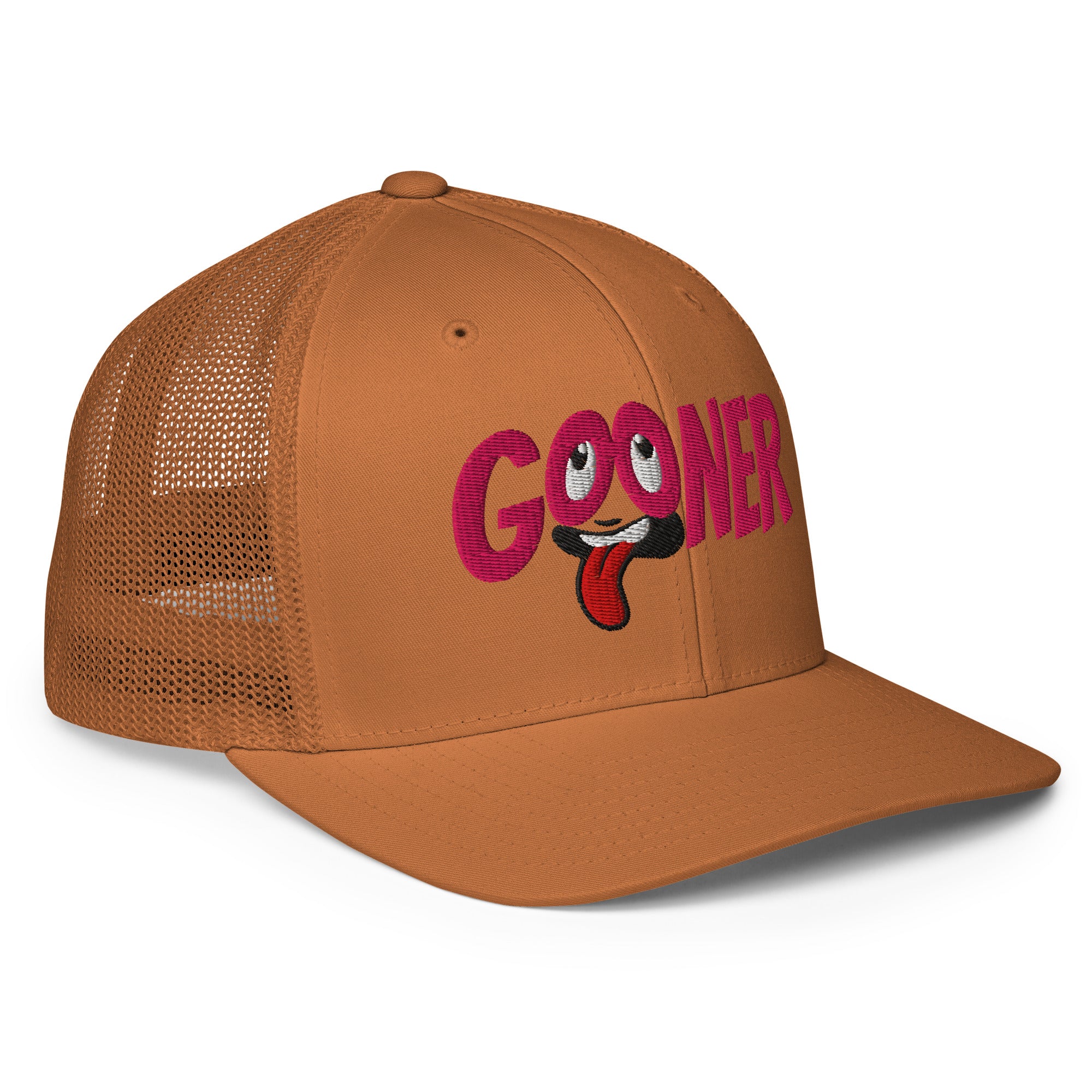 Sideview of Caramel brown cap with 'GOONER' text, rolled eyes and hanging tongue - Backroom Gear