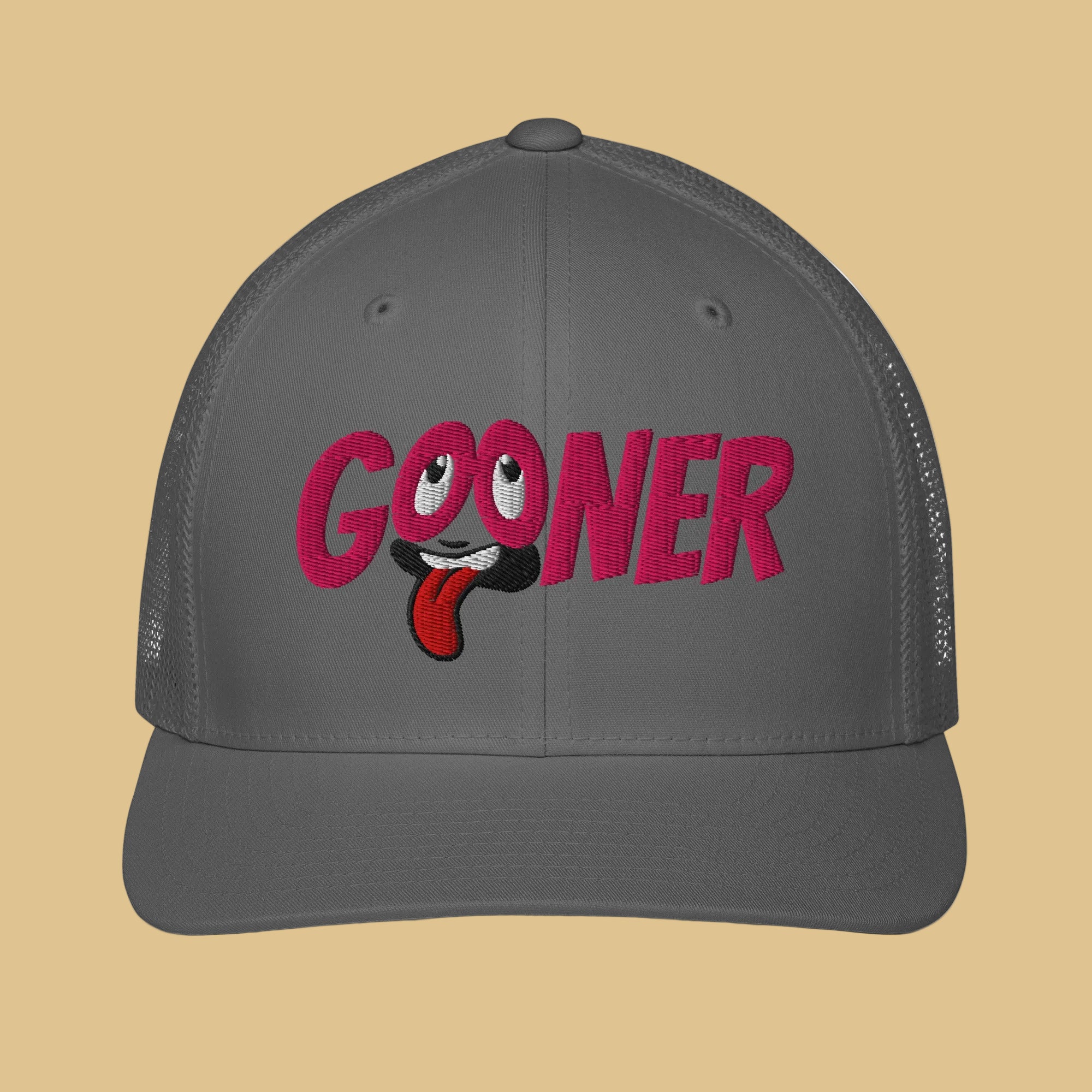 Charcoal cap with 'GOONER' text, rolled eyes and hanging tongue on a beige background - Backroom Gear