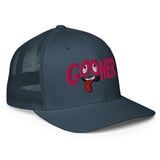 Sideview of navy cap with 'GOONER' text, rolled eyes and hanging tongue - Backroom Gear