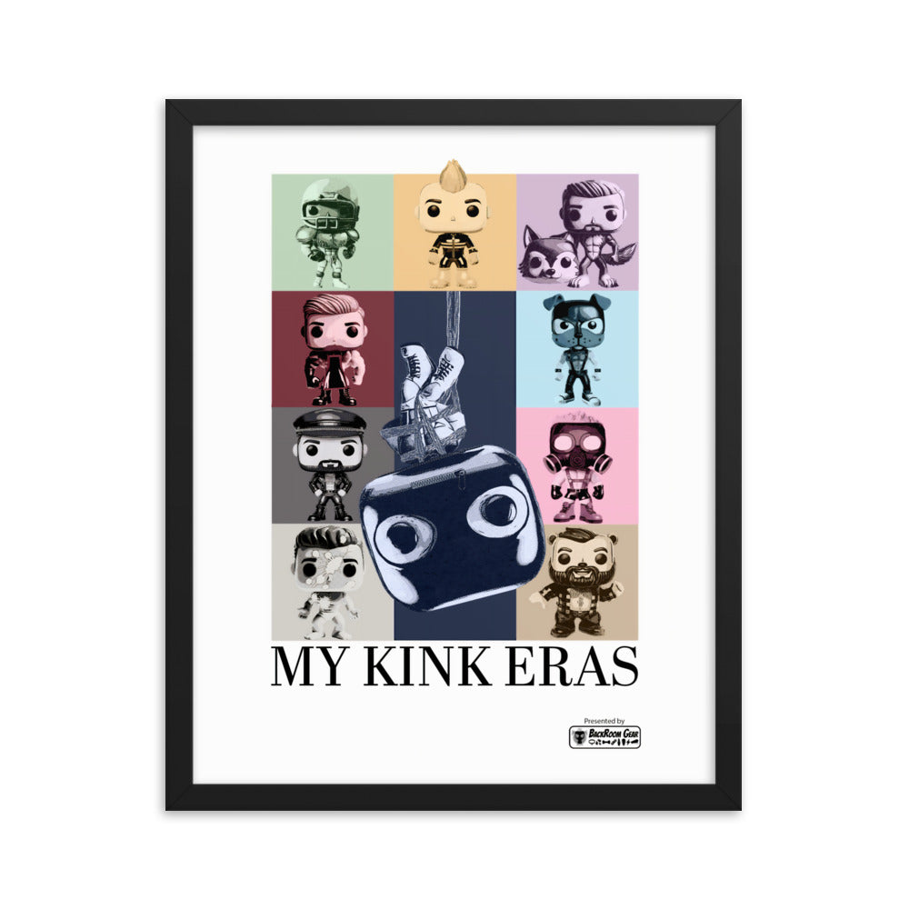 Poster framed in black featuring kinky pop vinyl graphic such as fisting and watersports as a tribute to Taylor Swift's Eras Tour Poster- Kink Eras print - LGBTQ+ kink pride parody art print by BackRoom Gear