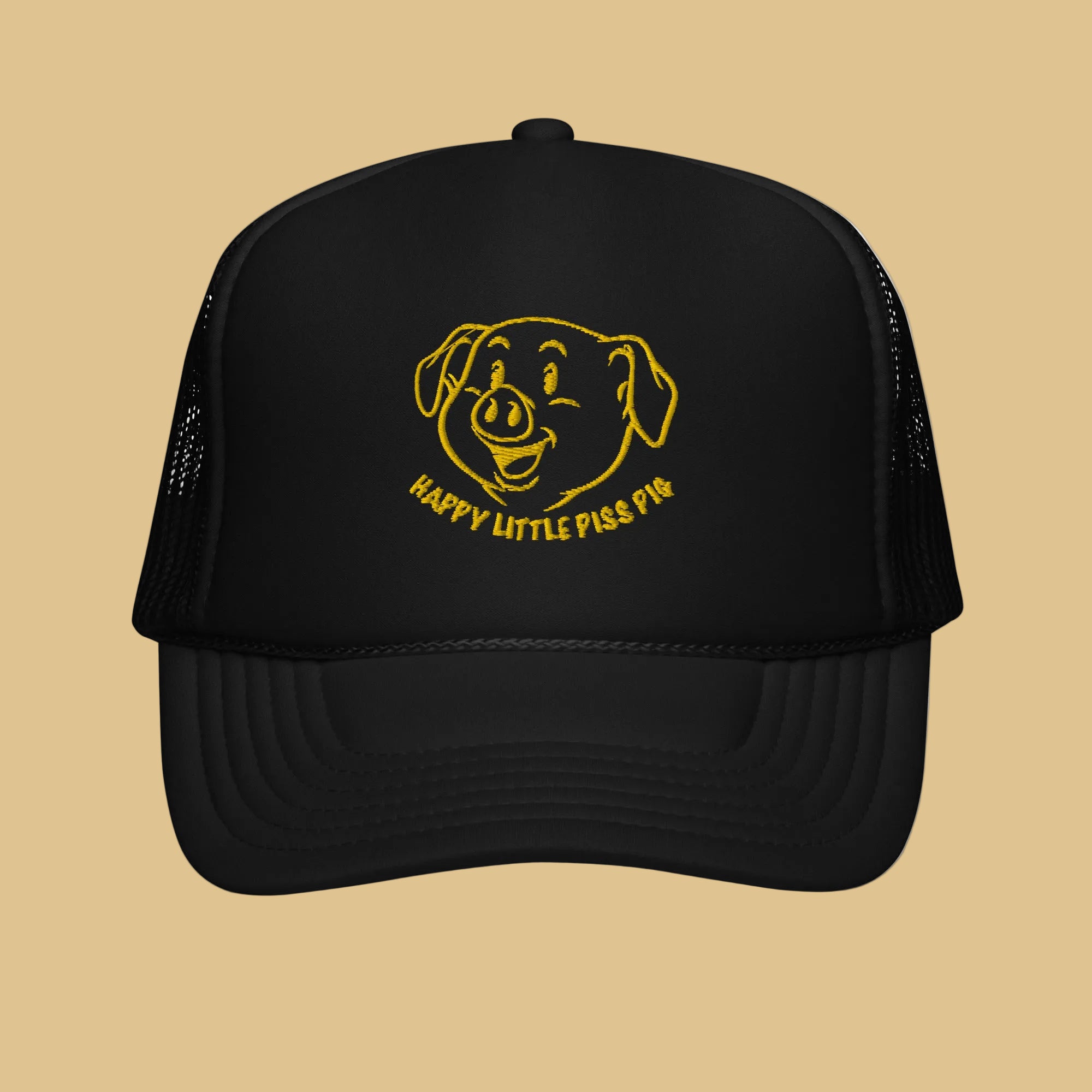 Front view of a Black truckers cap featuring an outline of a smiling pig face with "Happy little Piss Pig" underneath. - Black Happy Little Piss Pig trucker cap - watersports kink pride hat by BackRoomGear