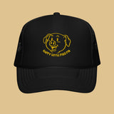 Front view of a Black truckers cap featuring an outline of a smiling pig face with "Happy little Piss Pig" underneath. - Black Happy Little Piss Pig trucker cap - watersports kink pride hat by BackRoomGear