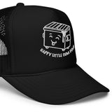 Closeup of Happy Little Cum Dump trucker cap with cartoon dumpster graphic on black mesh snapback hat - Backroom Gear