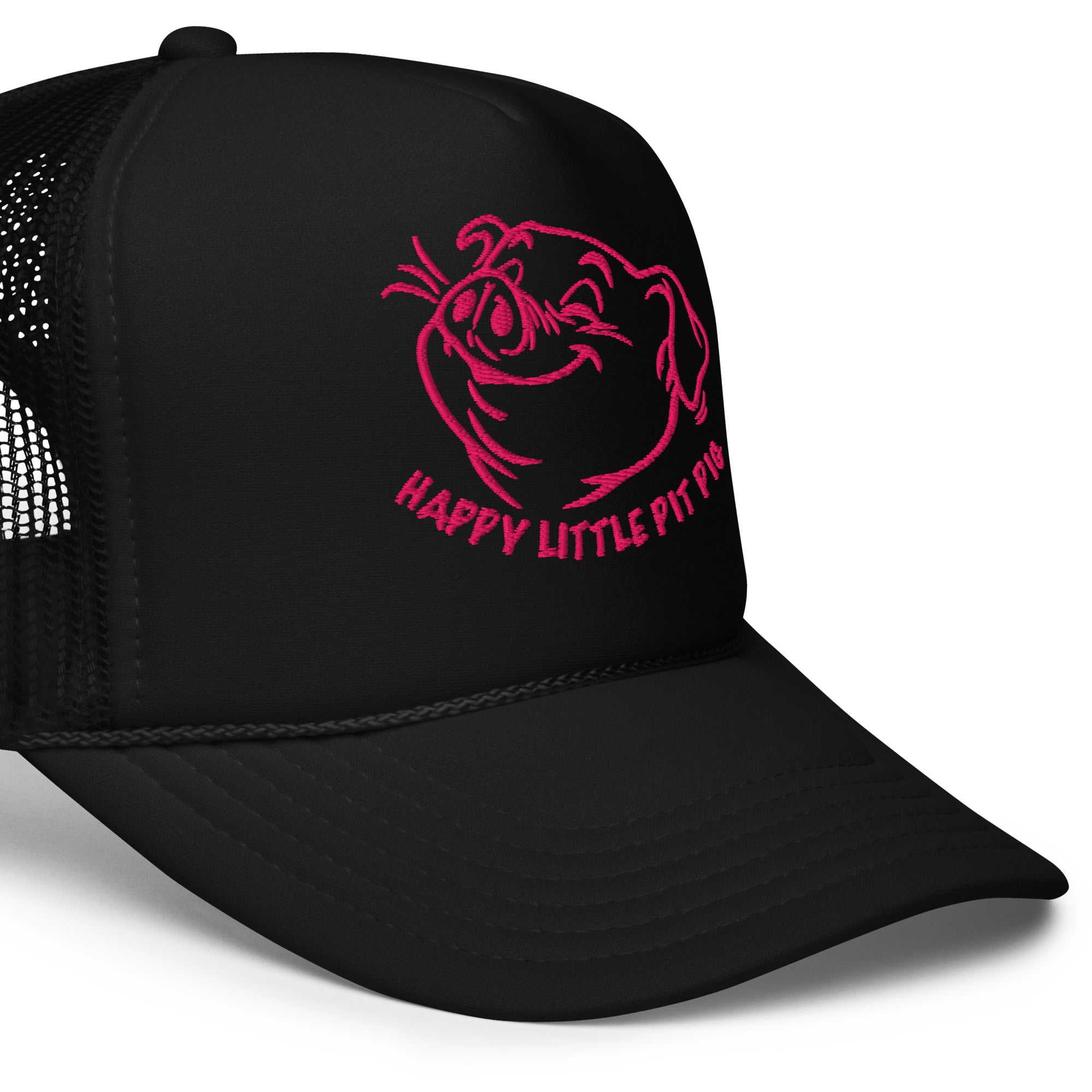 Closeup of Happy Little Pit Pig trucker cap with cartoon pig sniffing armpit graphic on black mesh snapback hat - Backroom Gear