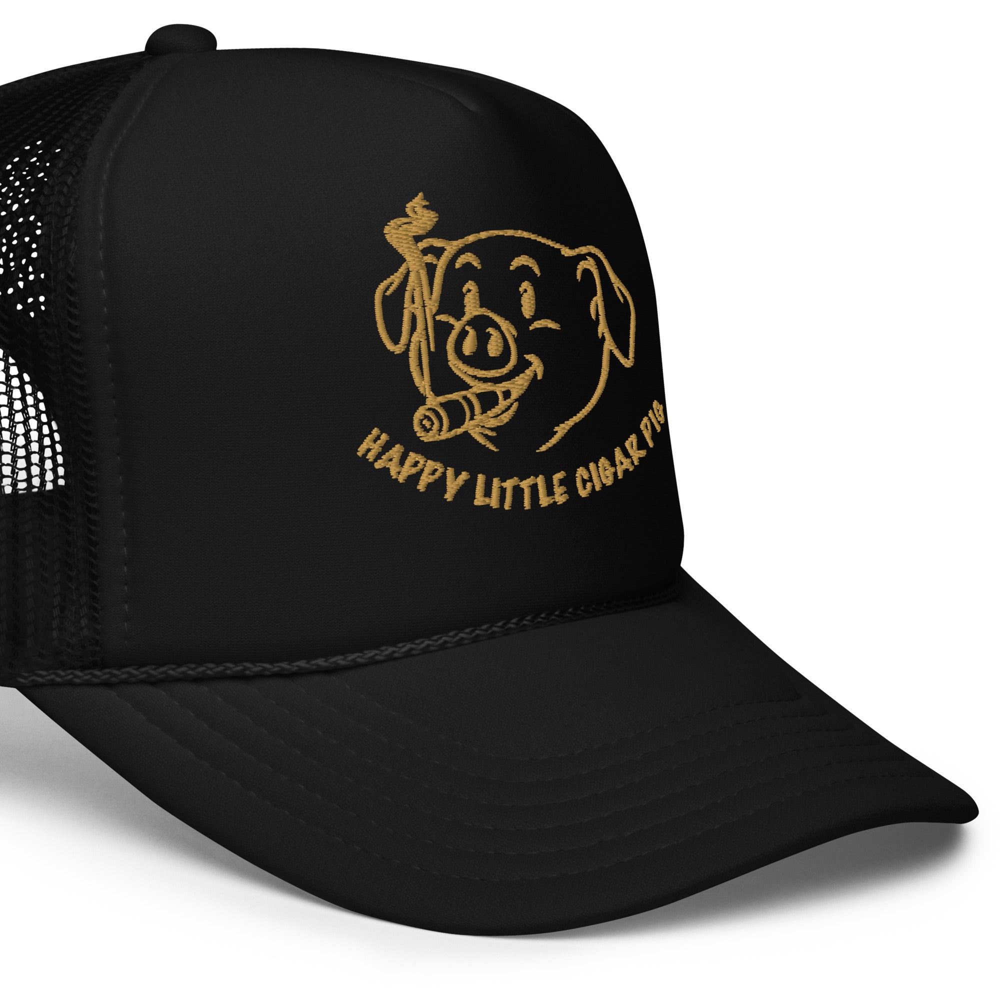 Closeup of Happy Little Cigar Pig trucker cap with cartoon pig smoking cigar graphic on black mesh snapback hat - Backroom Gear