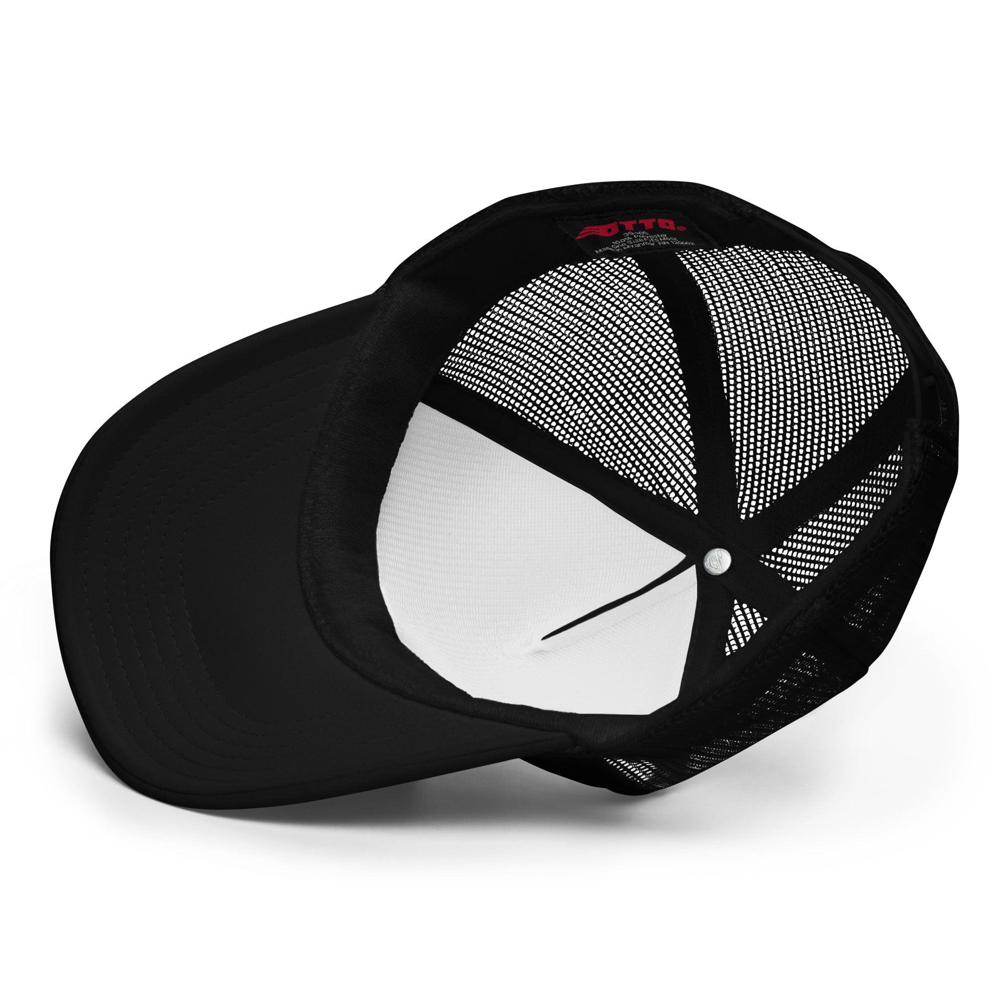 Inside of Black truckers cap featuring an outline of a smiling pig face with "Happy little Piss Pig" underneath. - Black Happy Little Piss Pig trucker cap - watersports kink pride hat by BackRoom Gear