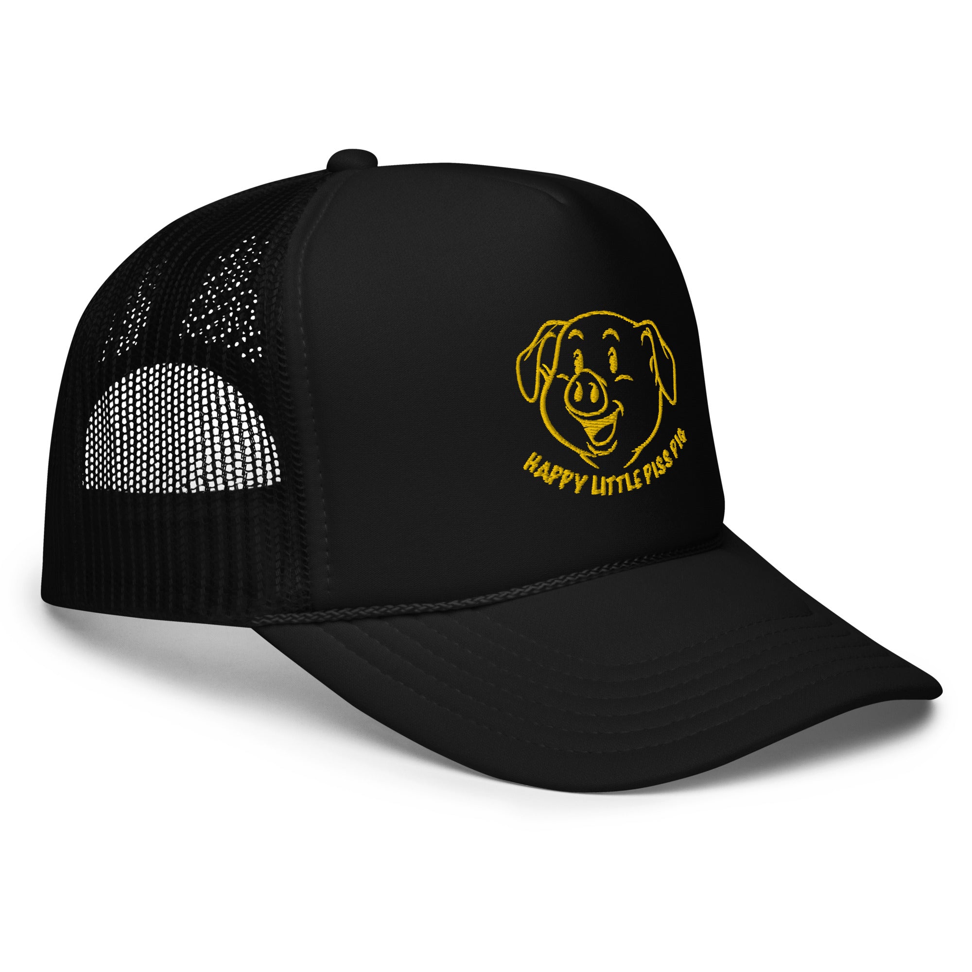 Side view of a Black truckers cap featuring an outline of a smiling pig face with "Happy little Piss Pig" underneath. - Black Happy Little Piss Pig trucker cap - watersports kink pride hat by BackRoomGear