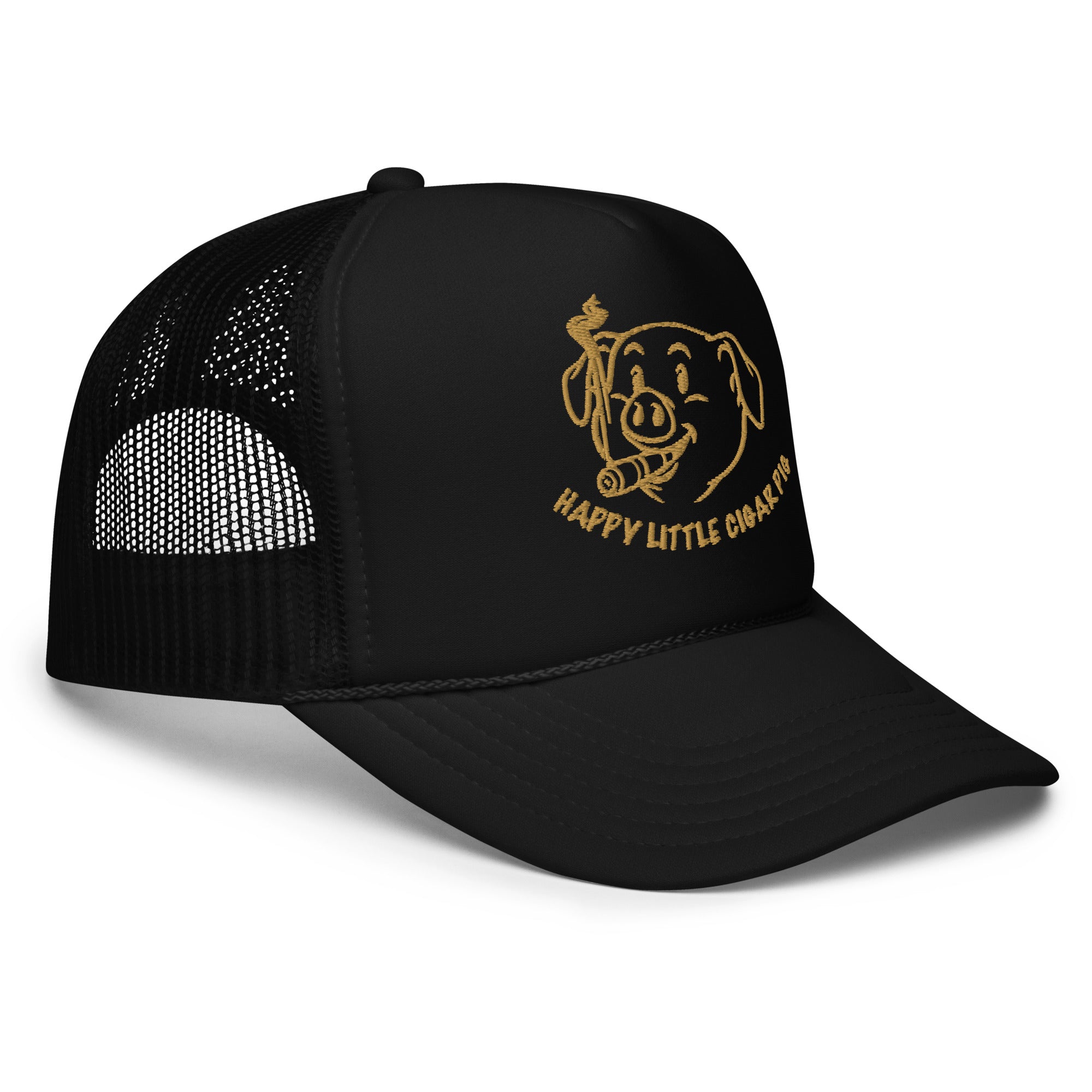 Side view of Happy Little Cigar Pig trucker cap with cartoon pig smoking cigar graphic on black mesh snapback hat - Backroom Gear