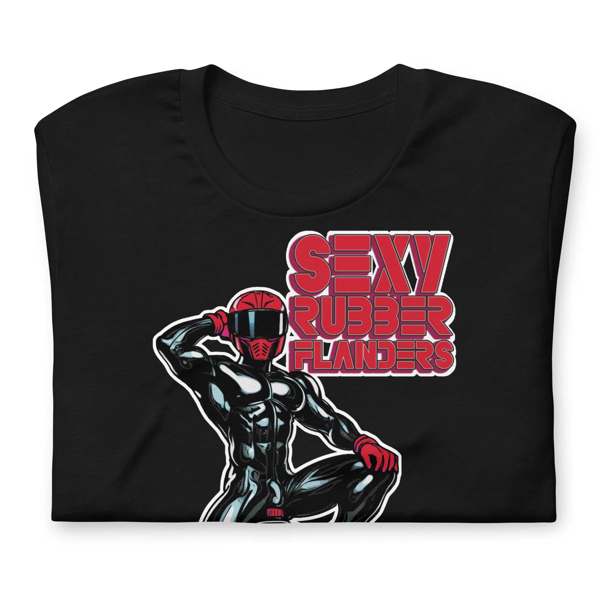 Folded black t-shirt with a man in rubber with red helmet and shoes sitting on top of a square barrel of Lube graphic design on a beige background - Black and red Sexy Rubber Flanders t-shirt - kinky latex rubber kink tee by BackRoomGear
