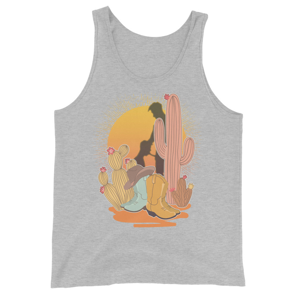 Athletic Heather tank top featuring a sunset with two silhouetted figures, one sitting sucking the one standing, surrounded by cacti - Vintage Brokeback Cowboy tank - western gay pride top by BackRoom Gear