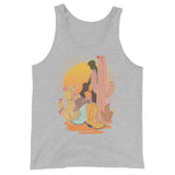 Athletic Heather tank top featuring a sunset with two silhouetted figures, one sitting sucking the one standing, surrounded by cacti - Vintage Brokeback Cowboy tank - western gay pride top by BackRoom Gear
