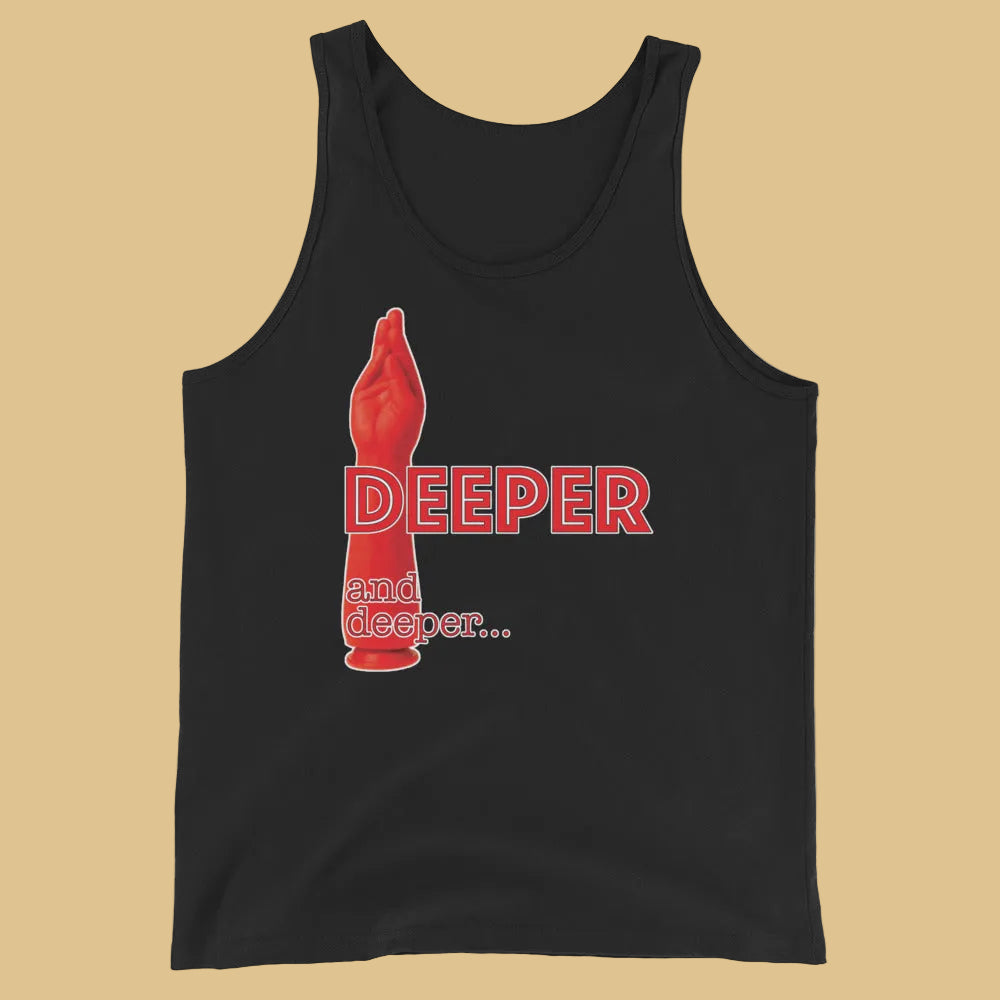 black tank top with a red fisting dildo and the words deeper and deeper - Deeper and Deeper Black pride top - BackRoomGear - your LGBTQI Gay Kink Apparel Store