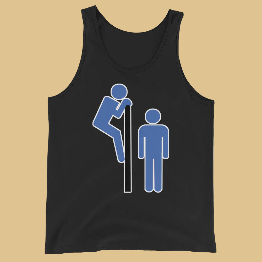 Black Tank top featuring a gay man peering over the bathroom stall at another man, perfect for cottaging - Black Cruisin' gay culture tank top - LGBTQ+ cruising pride apparel by BackRoomGear