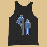 Black Tank top featuring a gay man peering over the bathroom stall at another man, perfect for cottaging - Black Cruisin' gay culture tank top - LGBTQ+ cruising pride apparel by BackRoomGear