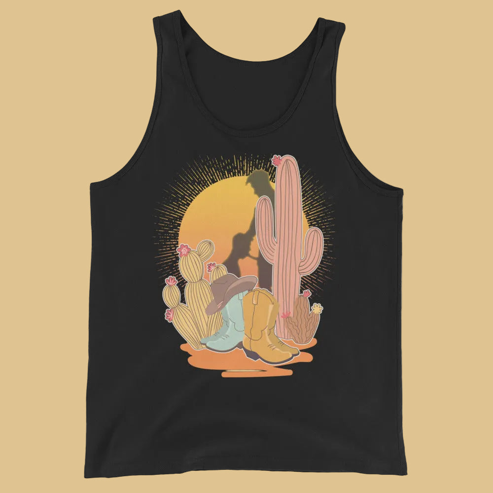Black tank top featuring a sunset with two silhouetted figures, one sitting sucking the one standing, surrounded by cacti - Vintage Brokeback Cowboy tank - western gay pride top by BackRoom Gear