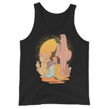 Black tank top featuring a sunset with two silhouetted figures, one sitting sucking the one standing, surrounded by cacti - Vintage Brokeback Cowboy tank - western gay pride top by BackRoom Gear