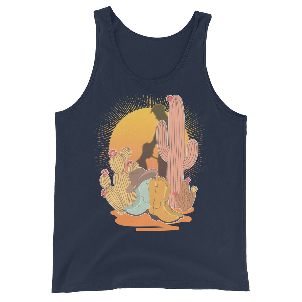 Navy Blue tank top featuring a sunset with two silhouetted figures, one sitting sucking the one standing, surrounded by cacti - Vintage Brokeback Cowboy tank - western gay pride top by BackRoom Gear