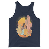 Navy Blue tank top featuring a sunset with two silhouetted figures, one sitting sucking the one standing, surrounded by cacti - Vintage Brokeback Cowboy tank - western gay pride top by BackRoom Gear