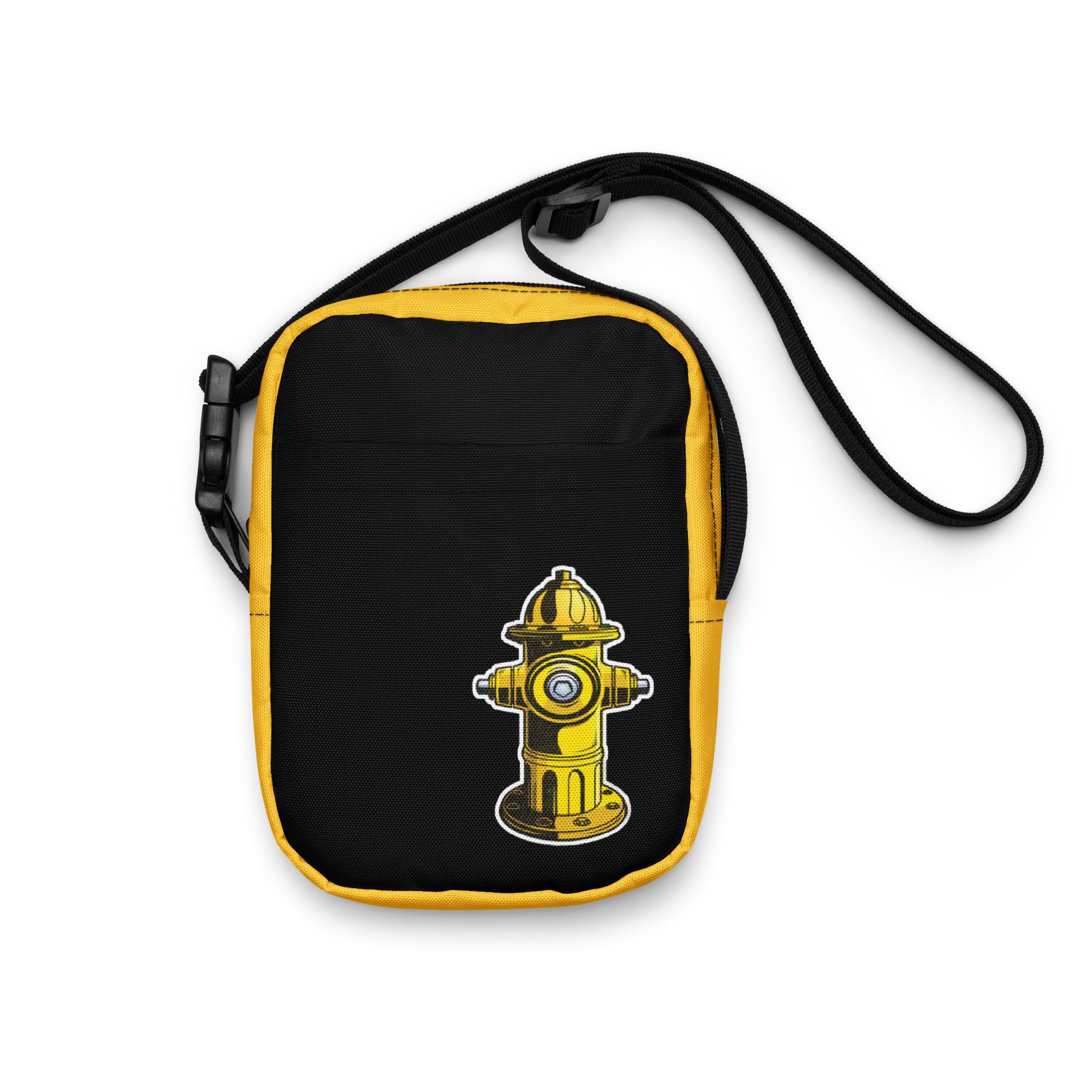 A black and yellow crossbody bag with a watersports hydrant design, featuring multiple pockets and an adjustable shoulder strap. Hydrant Party Essentials crossbody bag - gay pup circuit party bag by BackRoom Gear