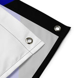 Overlapping corners of the Pup Pride Flag showing two silver grommets, stitched hems and the pale reverse.