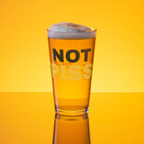 A pint glass with the text 'NOT PISS' printed on it, filled with a beverage, presented against an yellow background NOT PISS pint glass - watersports kink pride LGBTQ+ glass by BackRoomGear