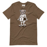 Front flat lay of the heather brown Sun’s Out T-Shirt with a skateboarding bear in an open vest and Sun’s Out lettering.