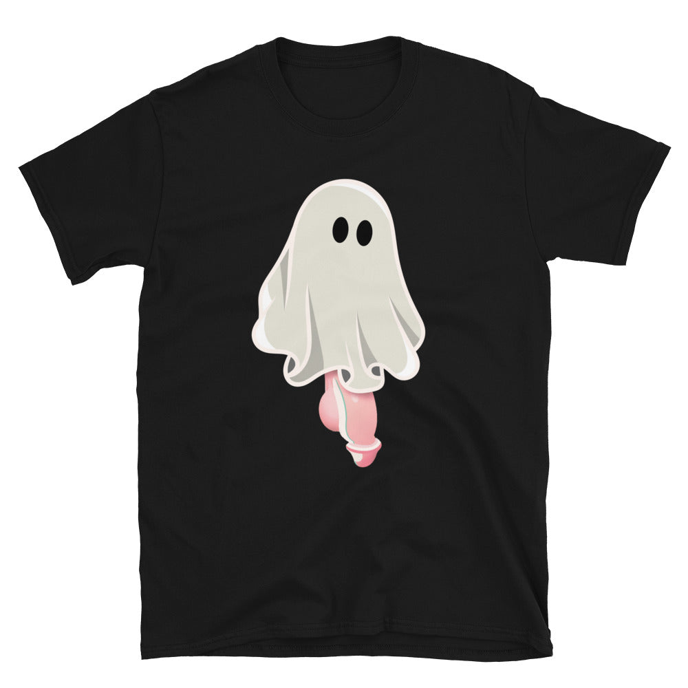 A black t-shirt with a graphic of a ghost with a large penis. The shirt is designed for adults and features a playful, spooky Halloween theme- Black Well Hung Ghost Halloween shirt - spooky gay ghost tee by BackRoomGear