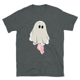 Dark Heather t-shirt with a graphic of a ghost with a large penis. The shirt is designed for adults and features a playful, spooky Halloween theme- Well Hung Ghost Halloween shirt - spooky gay ghost tee by BackRoomGear