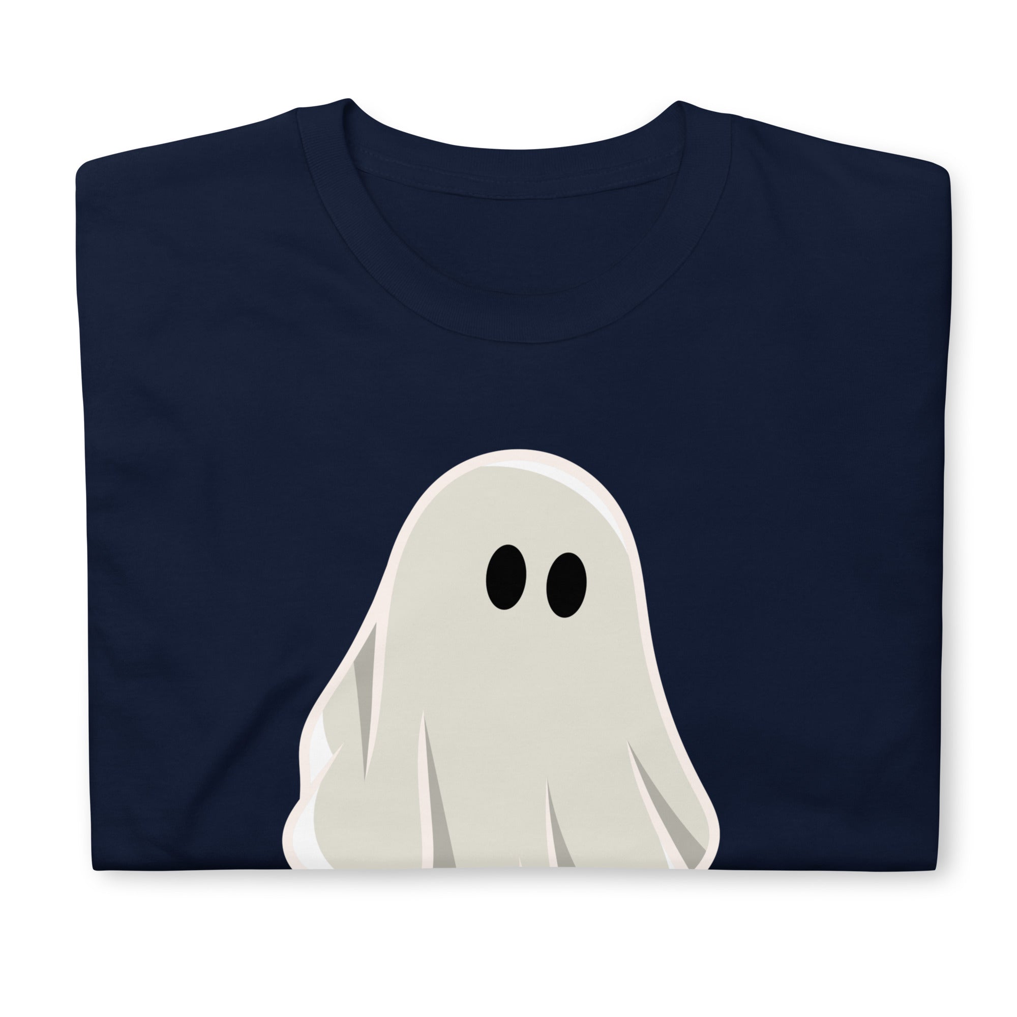 Folded navy t-shirt with a graphic of a ghost with a large penis. The shirt is designed for adults and features a playful, spooky Halloween theme- Well Hung Ghost Halloween shirt - spooky gay ghost tee by BackRoomGear