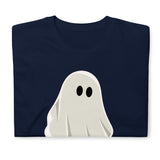 Folded navy t-shirt with a graphic of a ghost with a large penis. The shirt is designed for adults and features a playful, spooky Halloween theme- Well Hung Ghost Halloween shirt - spooky gay ghost tee by BackRoomGear