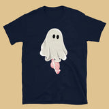 Navy blue t-shirt with a graphic of a ghost with a large penis. The shirt is designed for adults and features a playful, spooky Halloween theme- Navy Well Hung Ghost Halloween shirt - spooky gay ghost tee by BackRoomGear