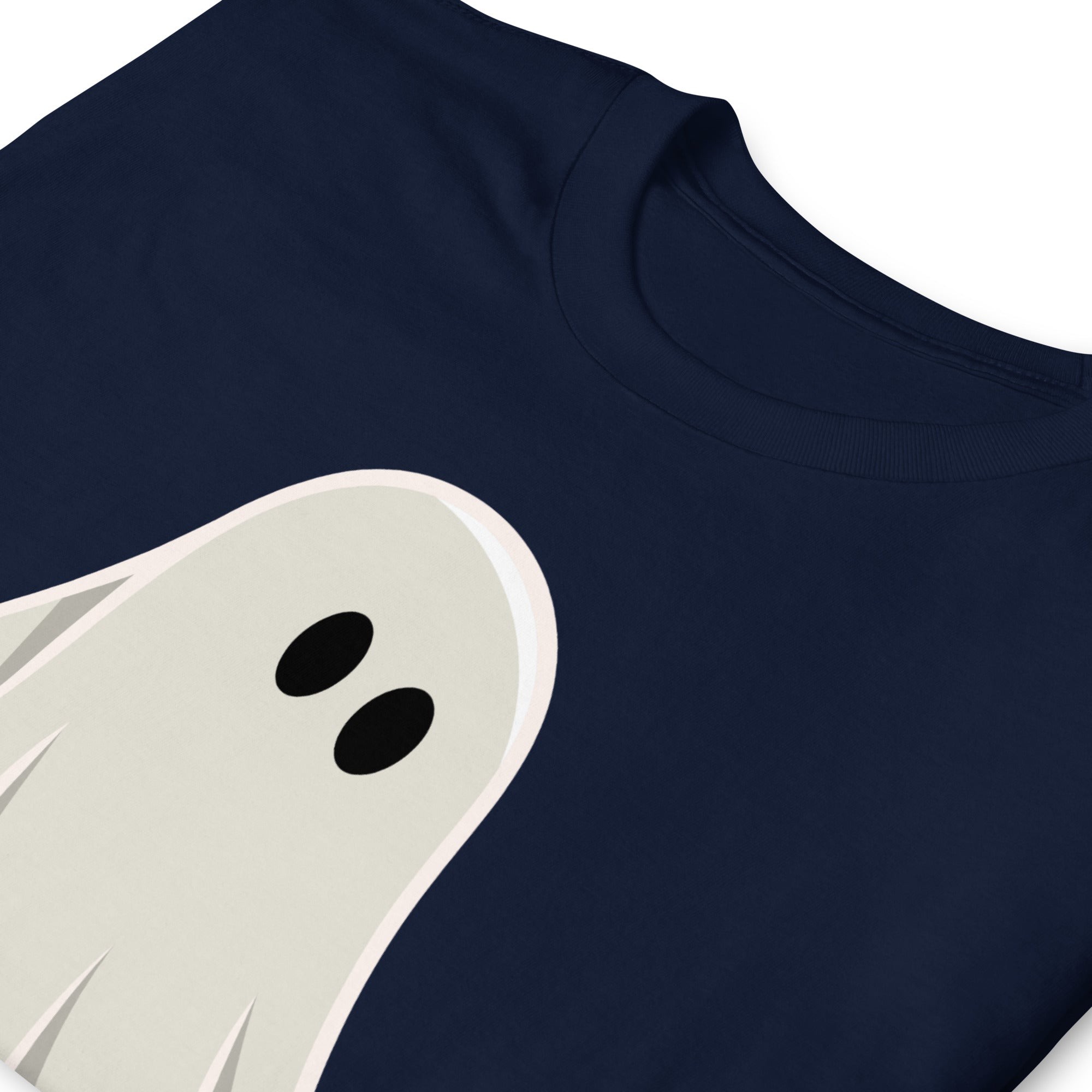 Folded navy blue t-shirt with a graphic of a ghost with a large penis. The shirt is designed for adults and features a playful, spooky Halloween theme- navy Well Hung Ghost Halloween shirt - spooky gay ghost tee by BackRoomGear