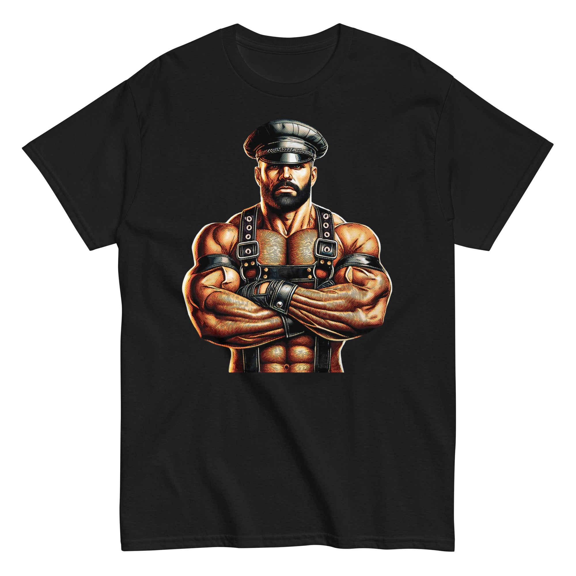 T-shirt in black featuring Sir Leather Alpha design - leather daddy pride wear for US gay dom community
