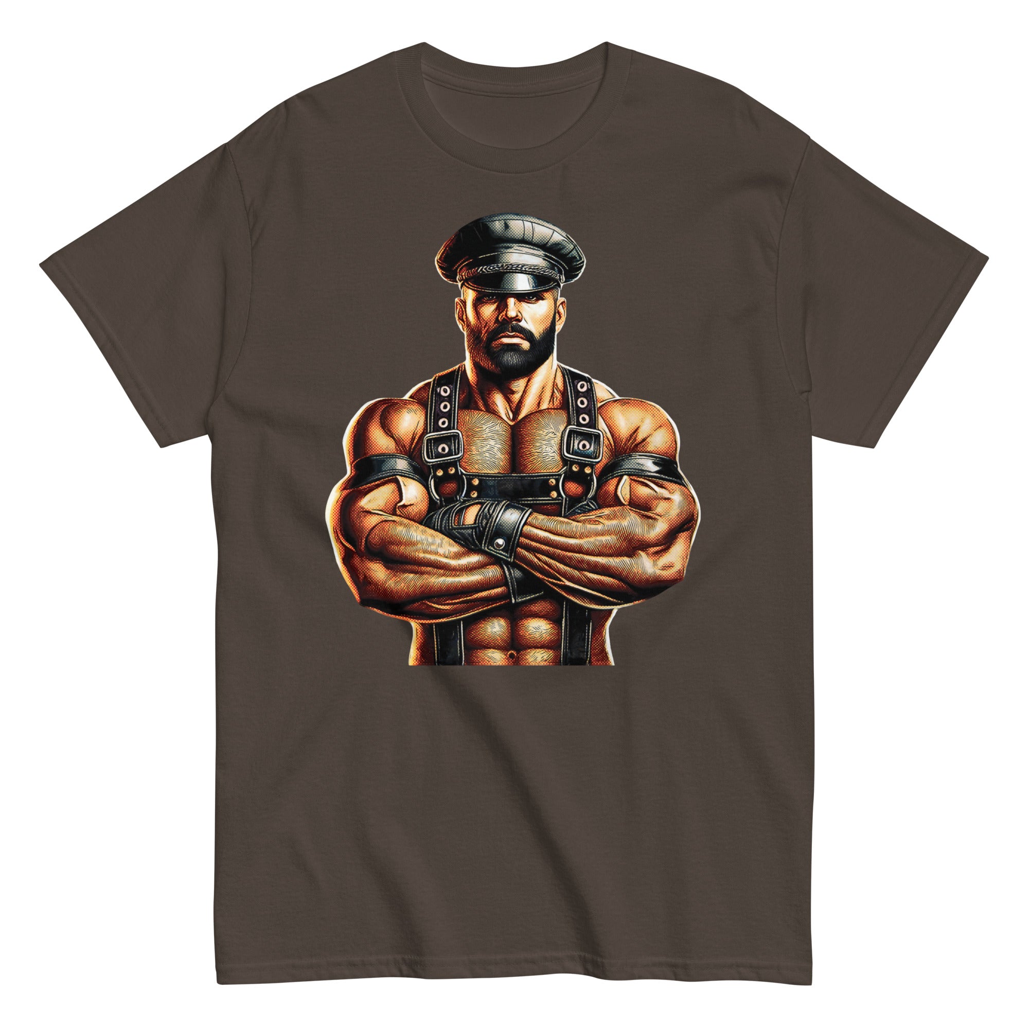 T-shirt in dark chocolate brown featuring Sir Leather Alpha design - leather daddy pride wear for US gay dom community