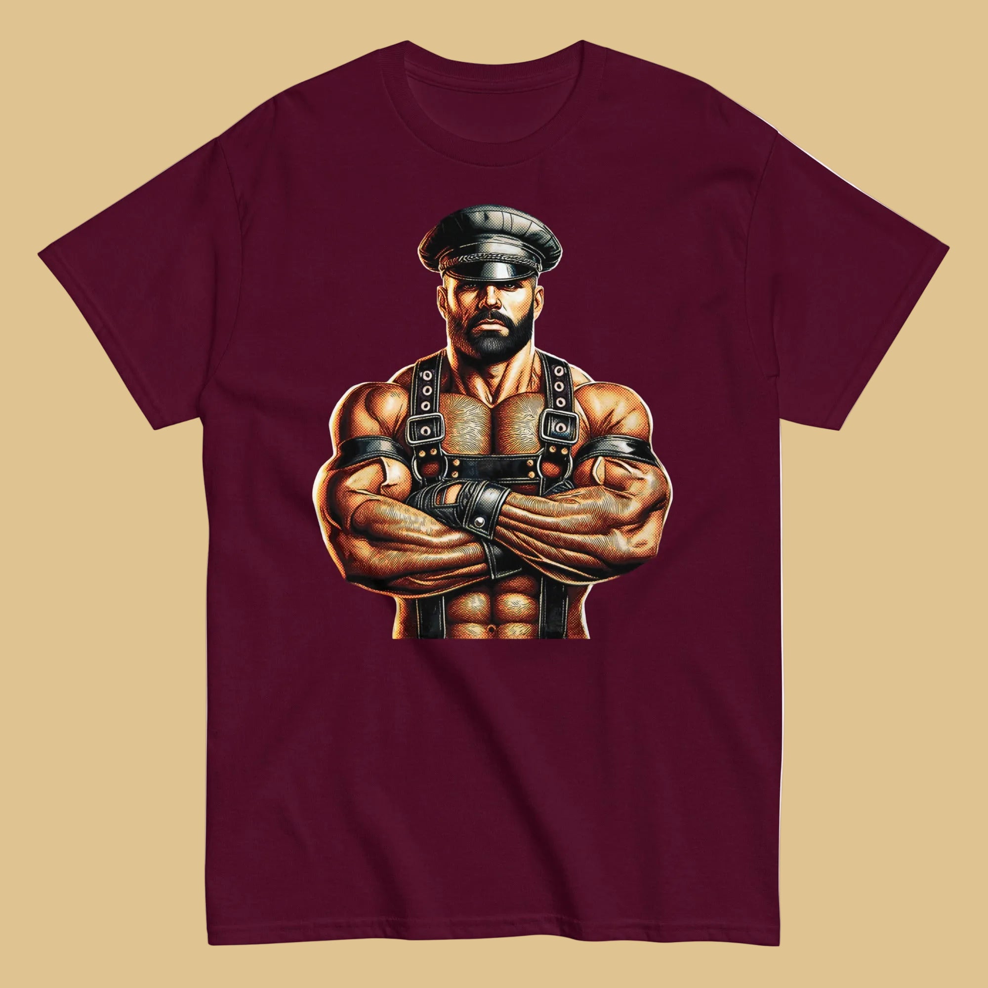 T-shirt in maroon featuring Sir Leather Alpha design - leather daddy pride wear for US gay dom community